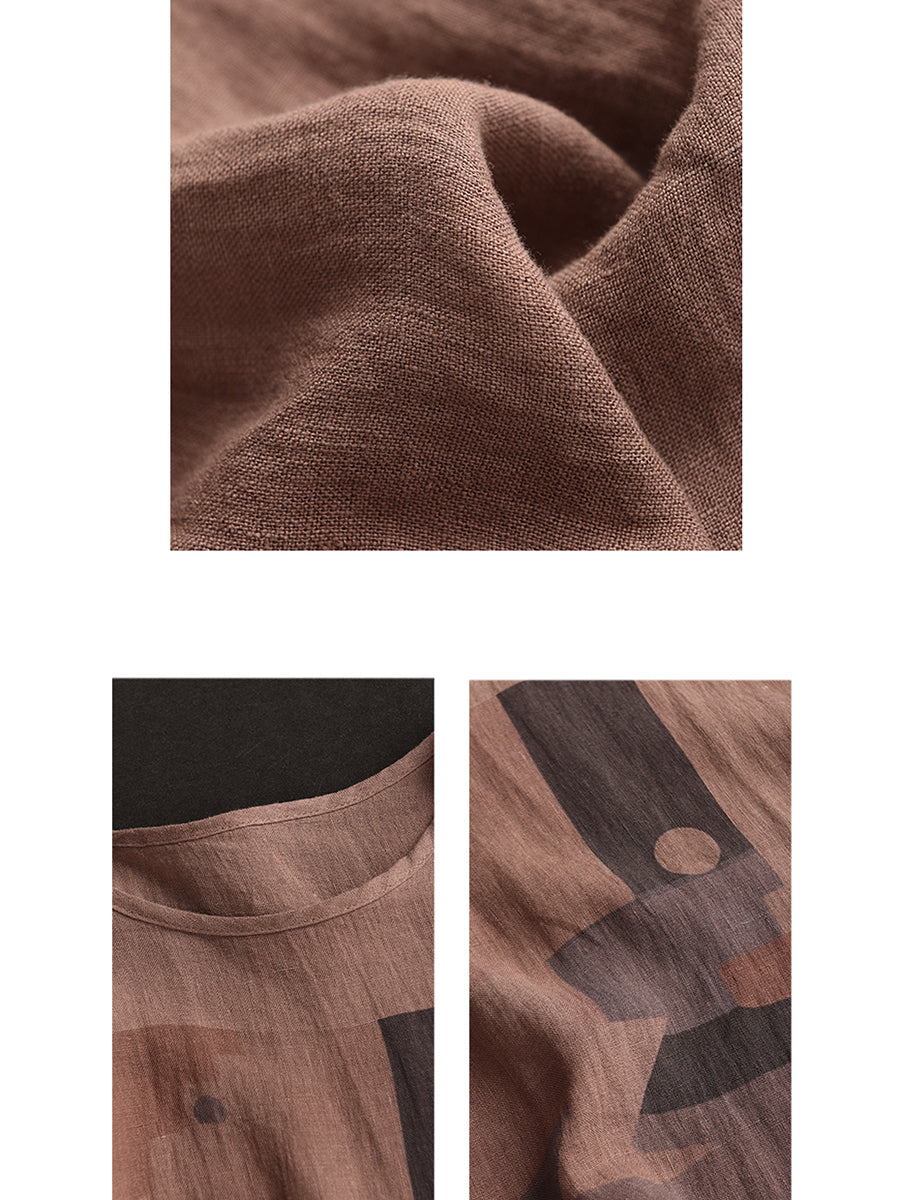 Women Casual Summer Print O-Neck Linen Shirt WE1028 Ada Fashion