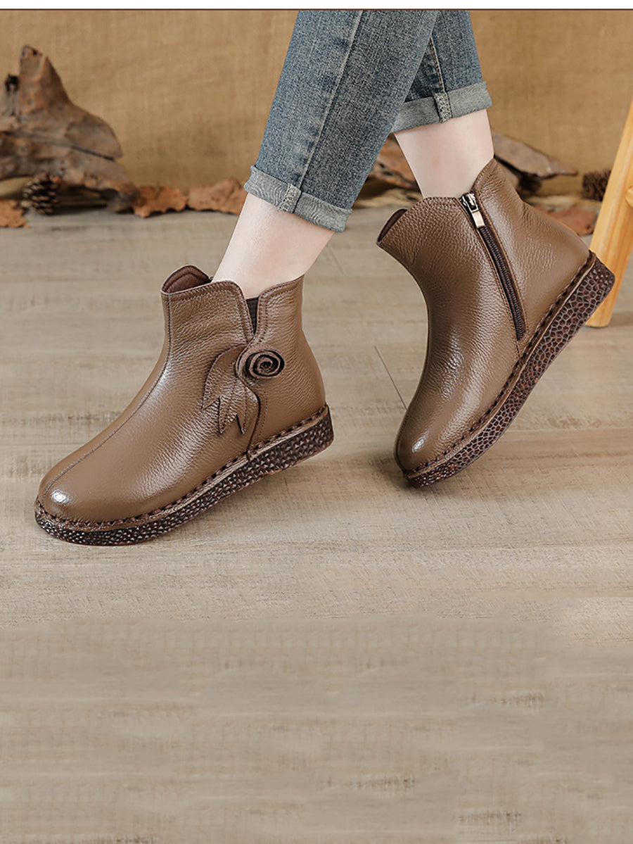 Women Vintage Genuine Leather Flower Flat Ankle Boots QN013 BC