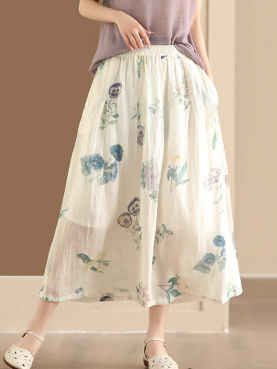 Women Artsy Summer Flower Ramie A-shape Skirt CO1025 Ada Fashion
