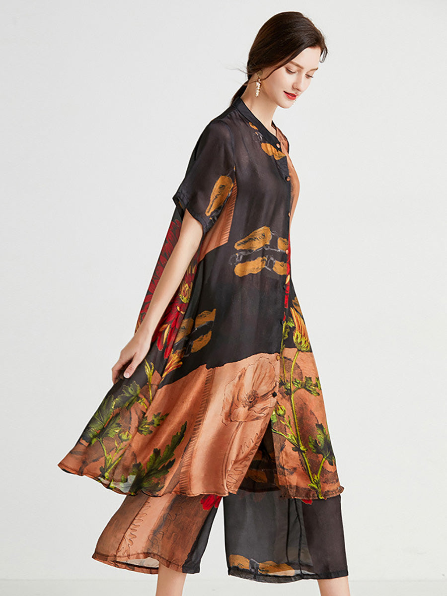 Plus Size Women Artsy Flower Spliced Long Shirt+Pants HH053 BK