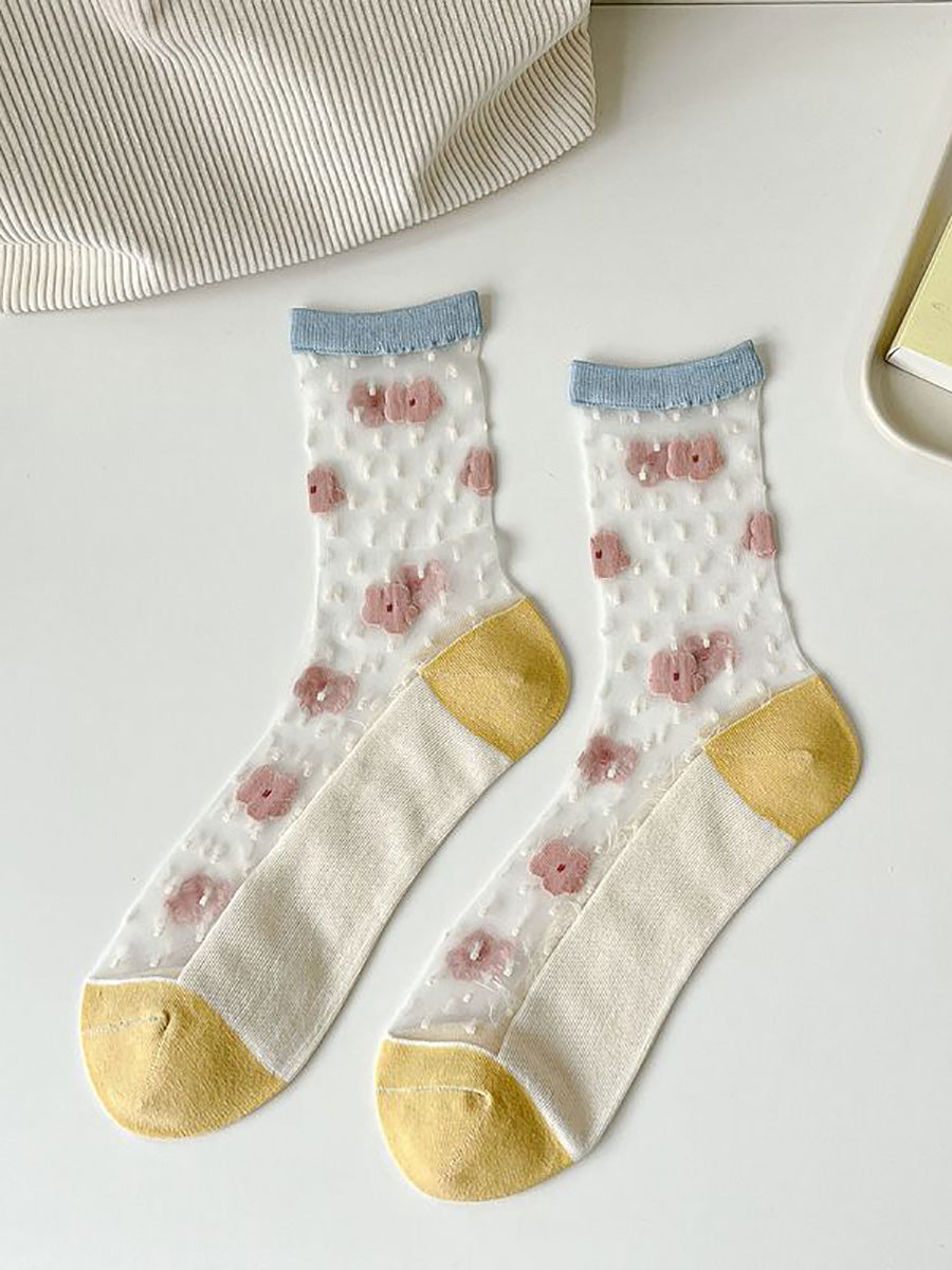 5 Pairs Women Artsy Summer Flower Jacquard Thin Socks CX040 BUYKUD