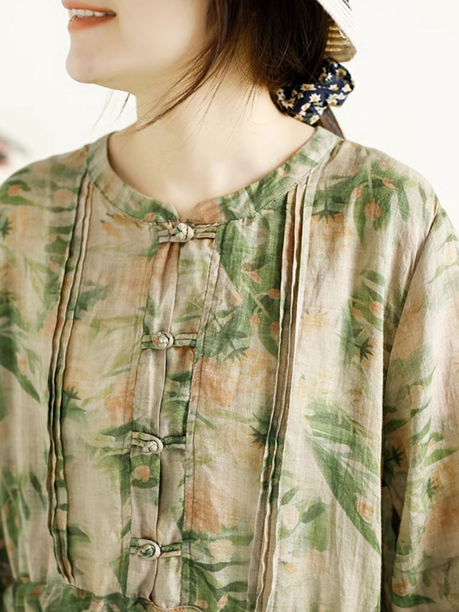 Women Summer Artsy Floral Shirred Ramie Dress QW1043 Ada Fashion