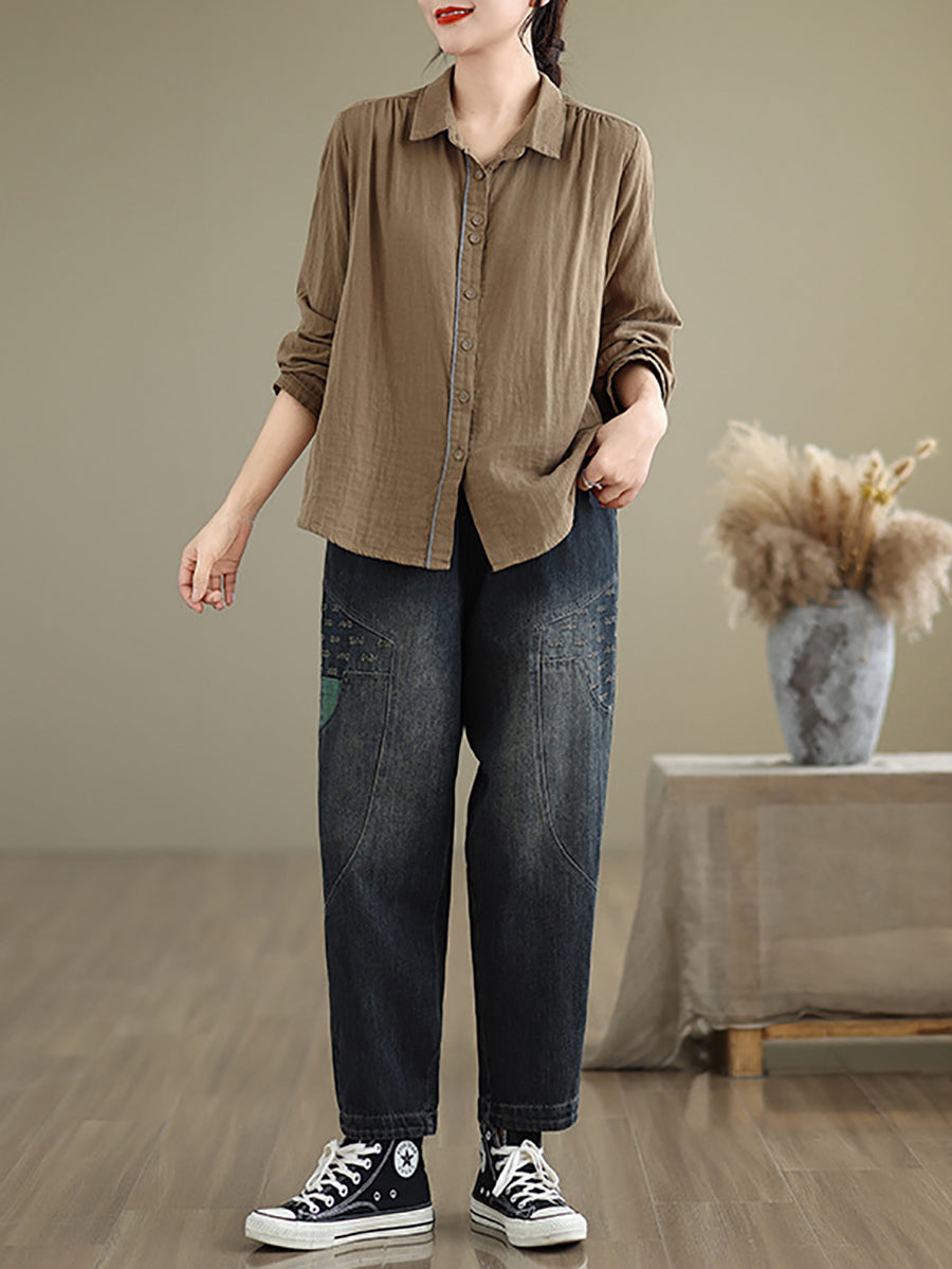 Women Autumn Spliced Casual Loose Denim Harem Pants AT1064 BUYKUD