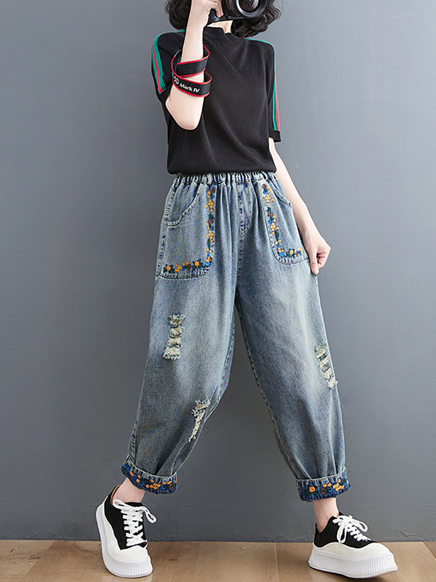 Women Artsy Embroidery Frayed Denim Harem Pants FD006 ZMFS