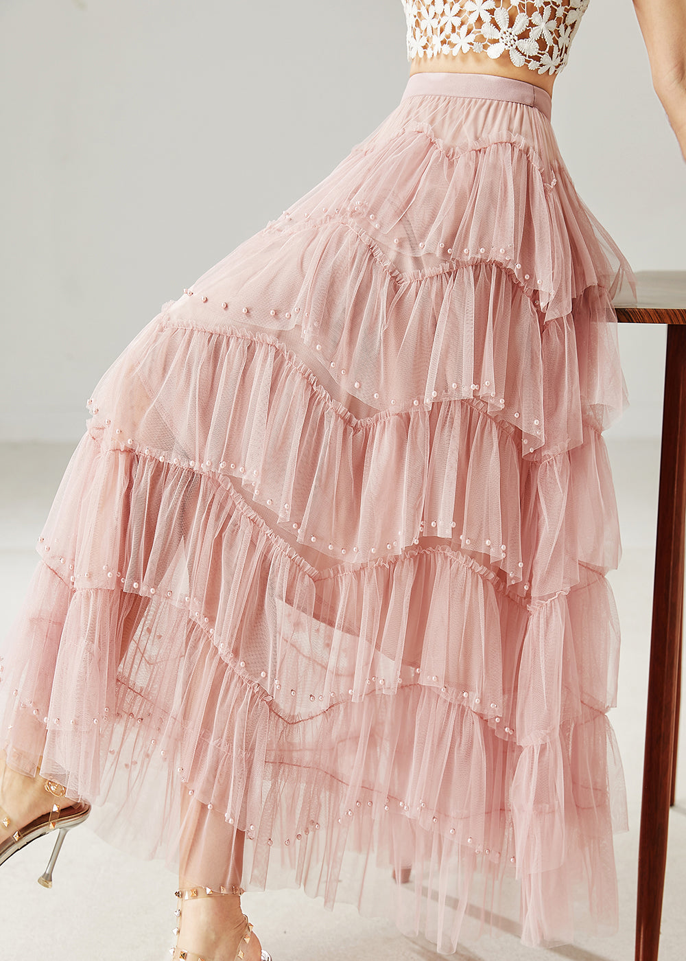 Italian Pink Nail Bead Layered Tulle Beach Skirt Summer AZ1040 shopify