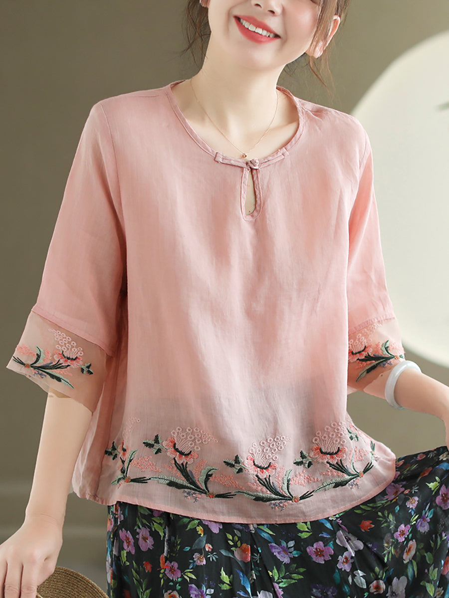 Women Summer Vintage Floral Embroidery Ramie Shirt AS1045 Ada Fashion
