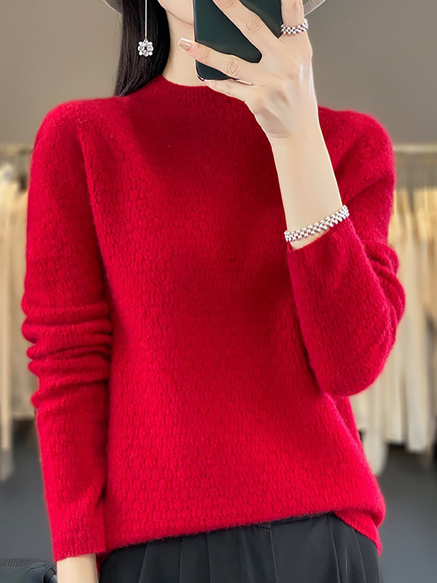 Women Autumn Casual Solid Knit 100%Wool O-Neck Sweater WU010 BK
