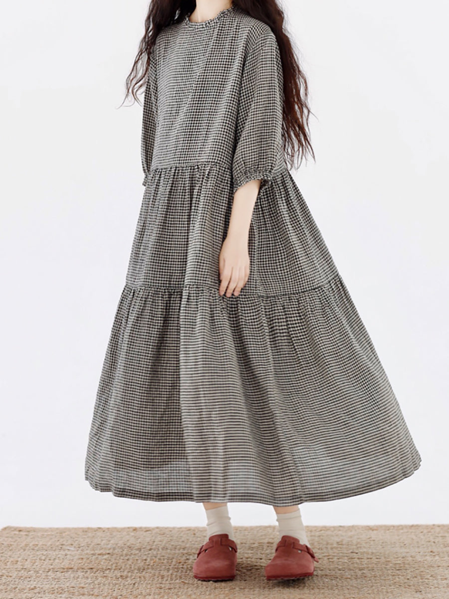 Plus Size Women Artsy Plaid Spliced 100%Cotton Tiered Dress SC1064 Ada Fashion