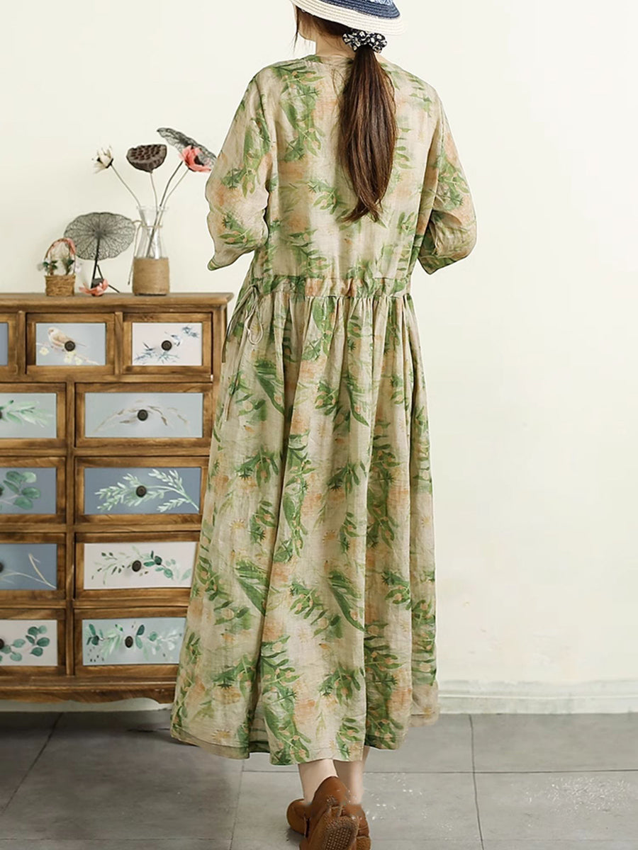 Women Summer Artsy Floral Shirred Ramie Dress QW1043 Ada Fashion