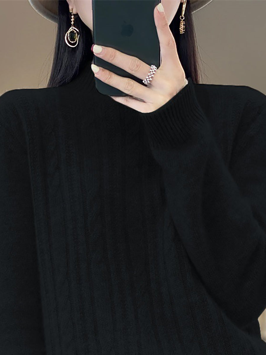 Women Autumn Solid Cable Knit 100%Wool Half Turtleneck Sweater QN027 BK