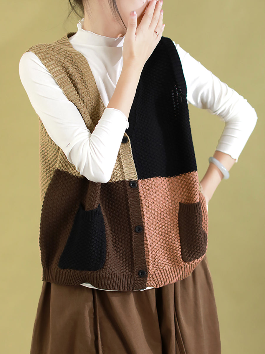 Women Autumn Colorblock Knitted V-Neck Vest CV1029 Ada Fashion