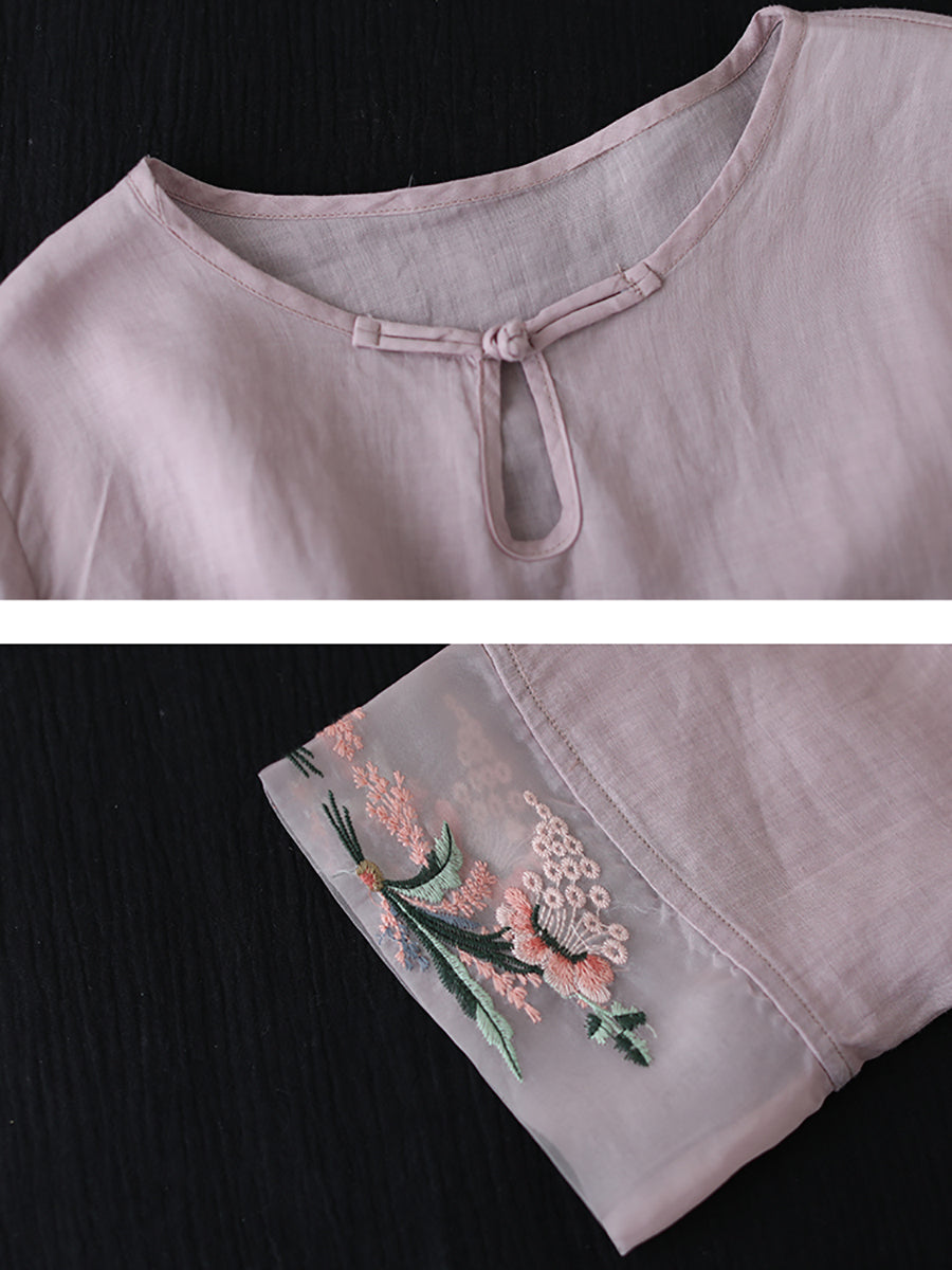 Women Summer Vintage Floral Embroidery Ramie Shirt AS1045 Ada Fashion