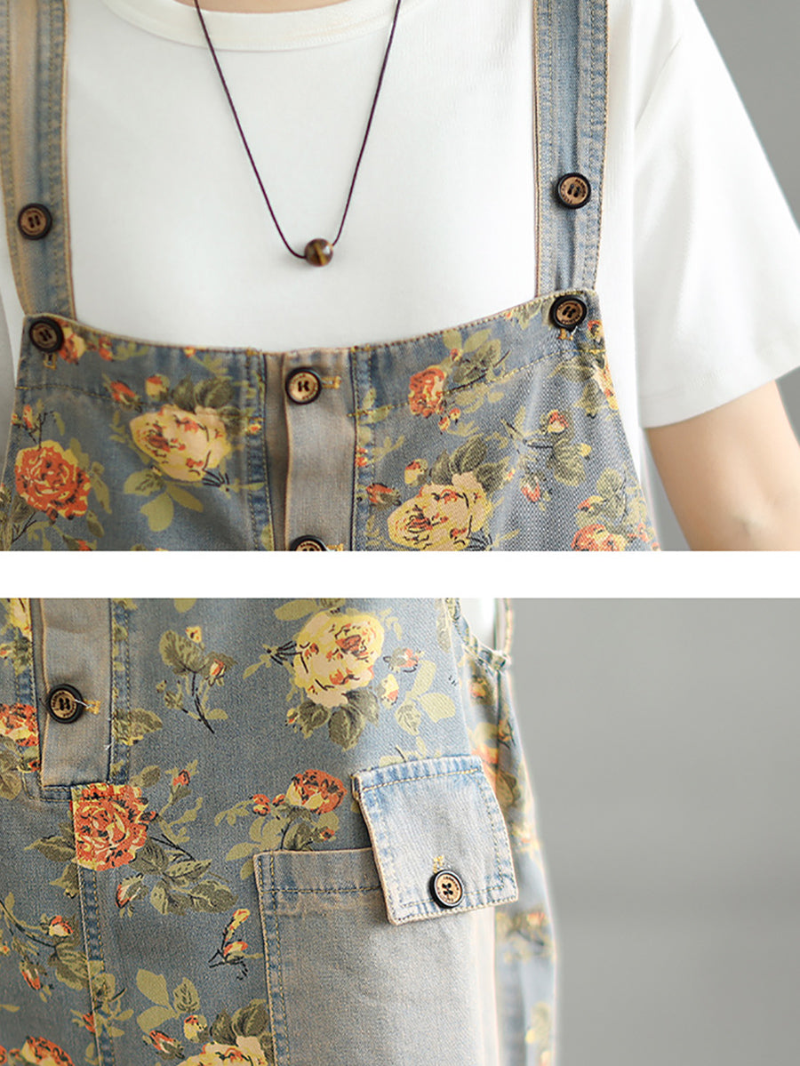 Denim Jumpsuits Short Artsy Women Flower Summer FashionChic