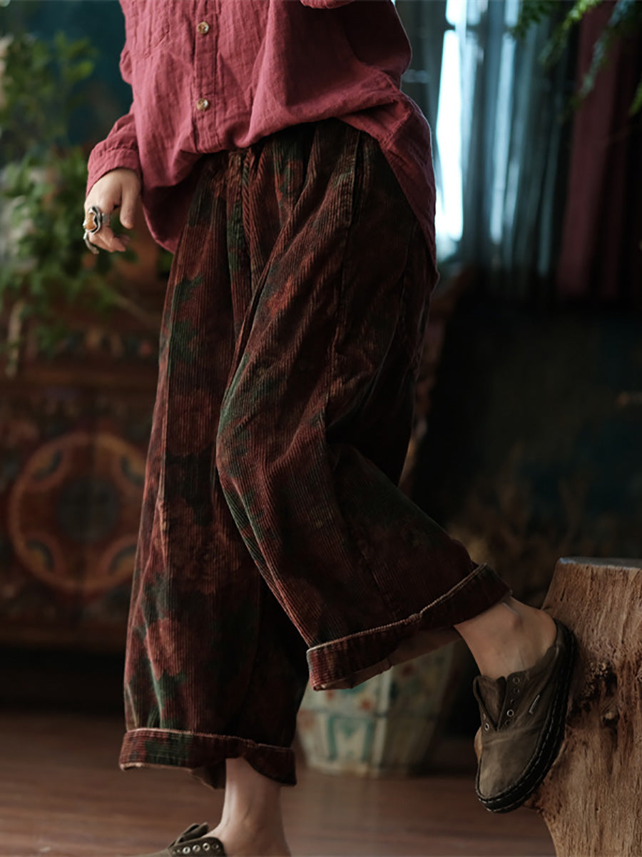 Women Vintage Spring Flower Croduroy Wide-leg Pants AT1079 BUYKUD