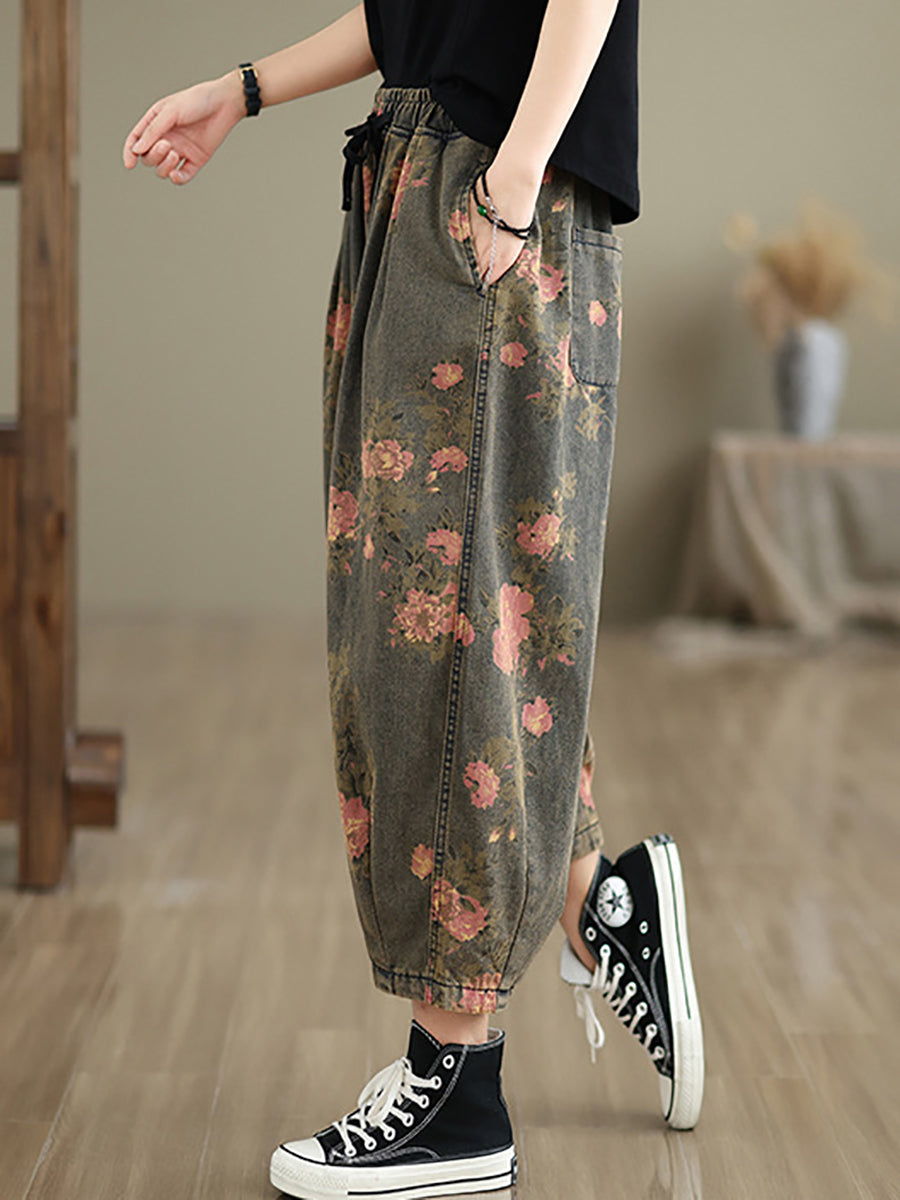 Women Summer Retro Flower Denim Loose Pants II1003 BUYKUD