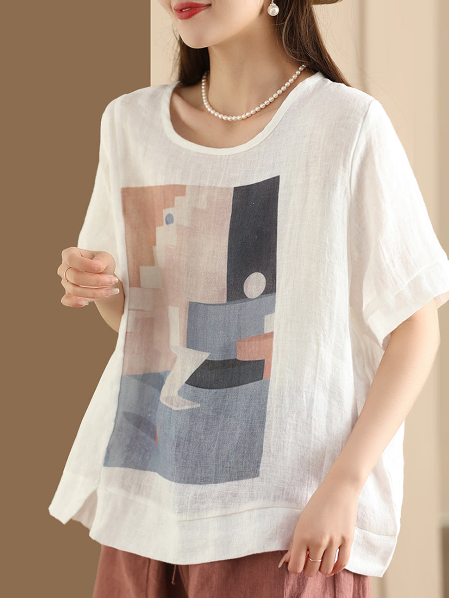 Women Casual Summer Print O-Neck Linen Shirt WE1028 Ada Fashion