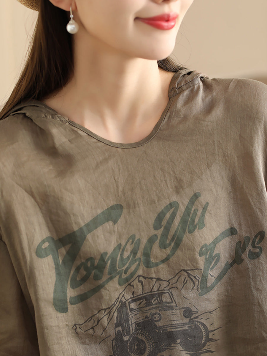 Women Summer Casual Print Thin Ramie HoodedShirt LL038 BUYKUD