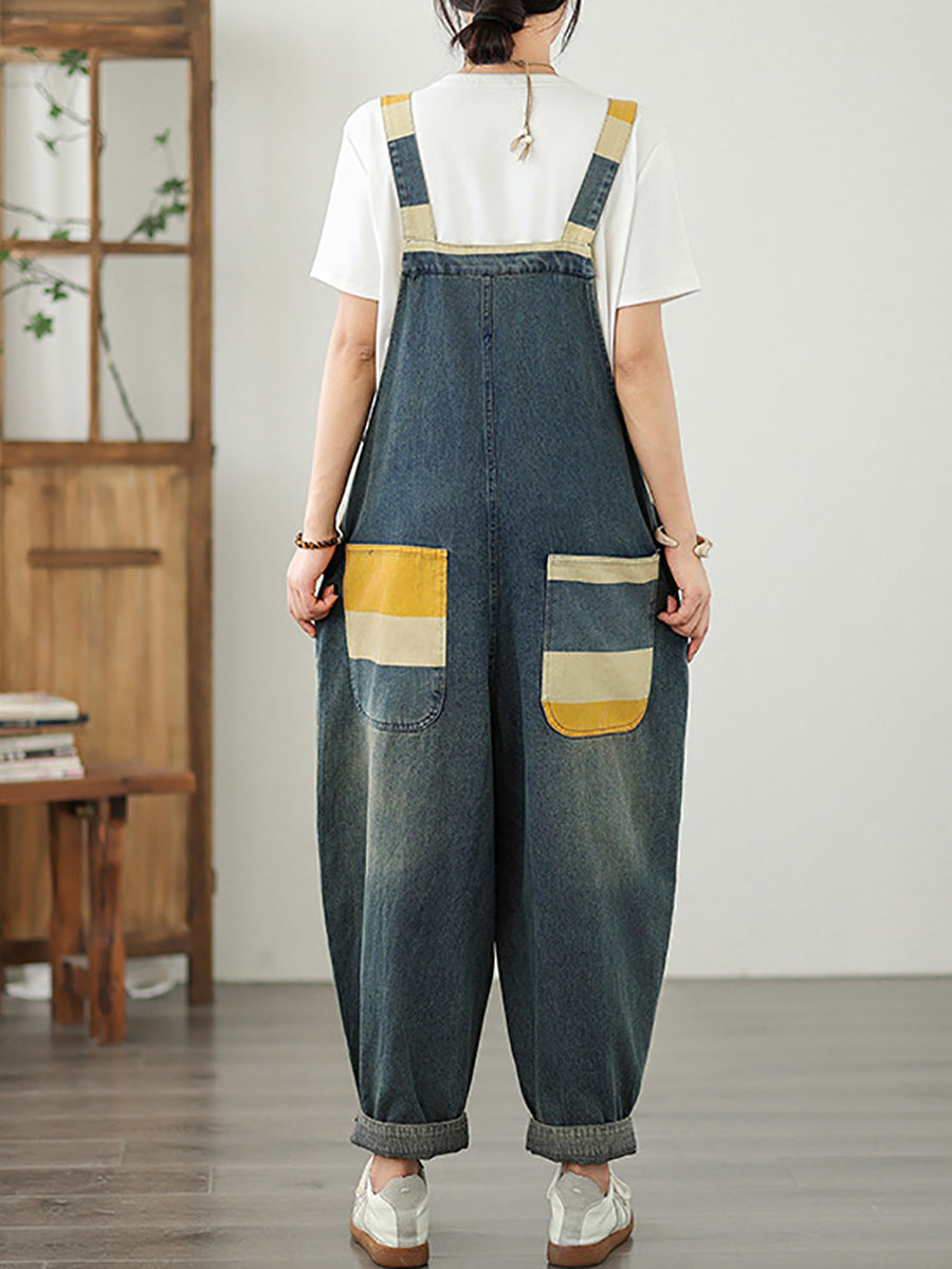 Summer Colorblock Women Loose Denim Stripe Jumpsuits FashionChic