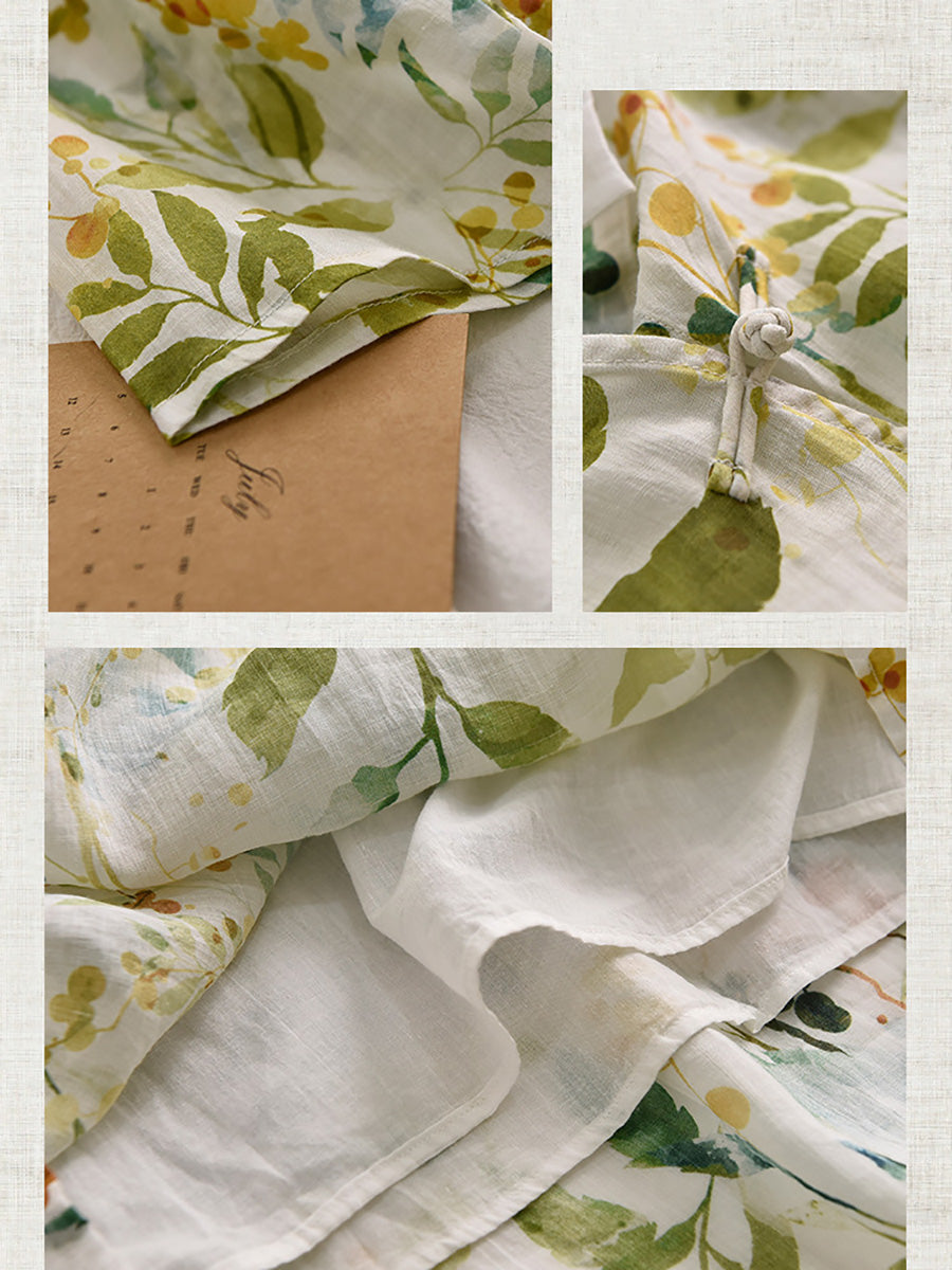 Women Summer Artsy Plant Print Strap Ramie Dress CC032 QMCJ