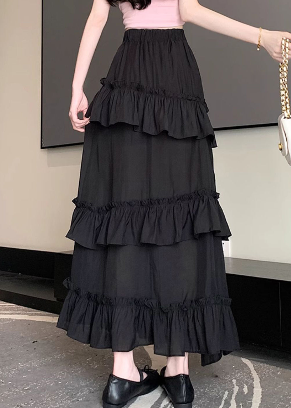 New Black Ruffled Elastic Waist Cotton Skirt Summer NN015 shopify