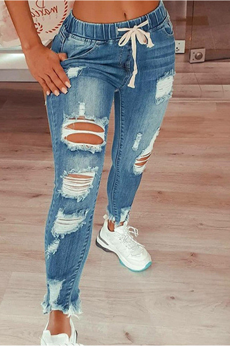 Fashion Casual Solid Ripped Mid Waist Regular Jeans GJ008 Furdela