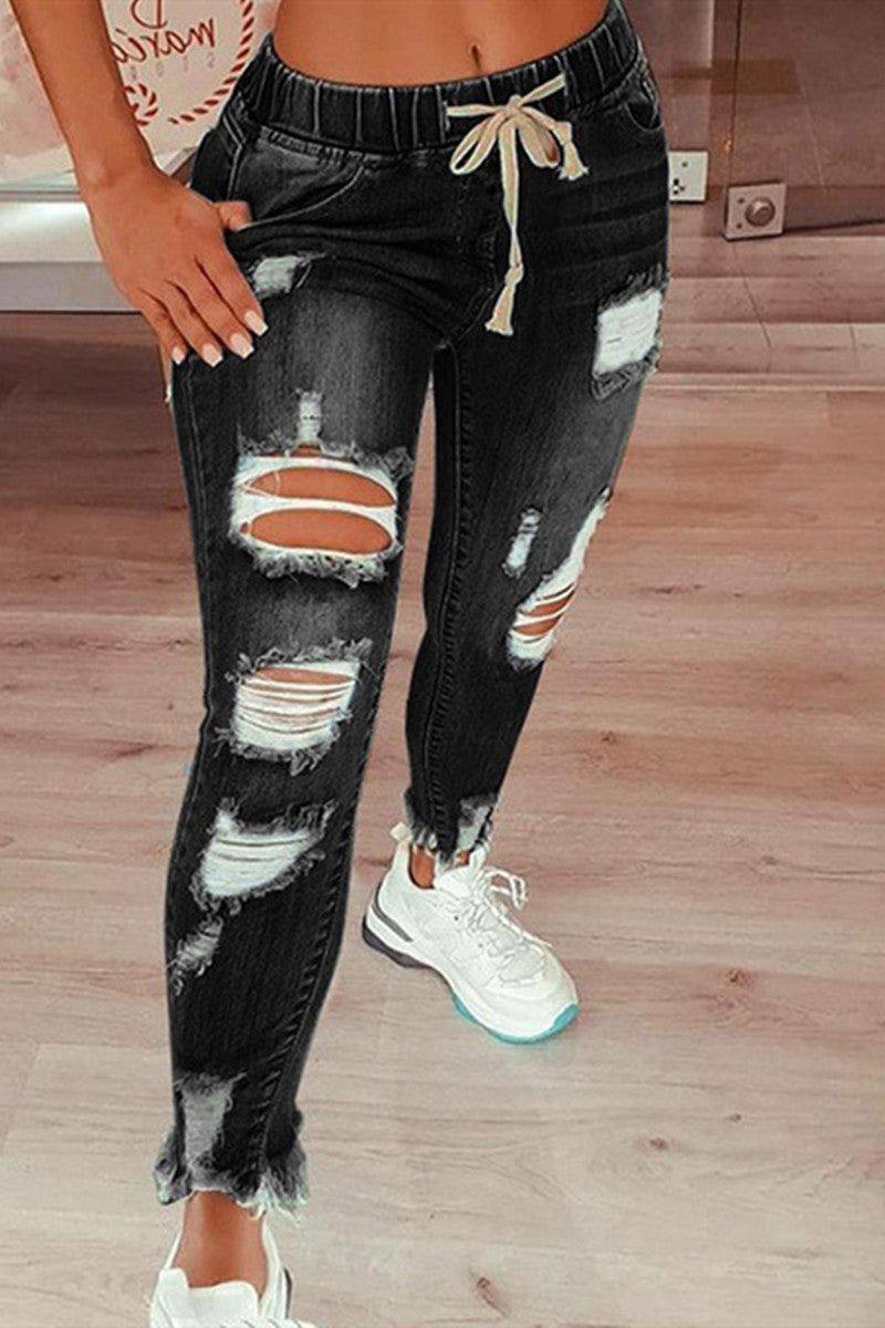 Fashion Casual Solid Ripped Mid Waist Regular Jeans GJ008 Furdela