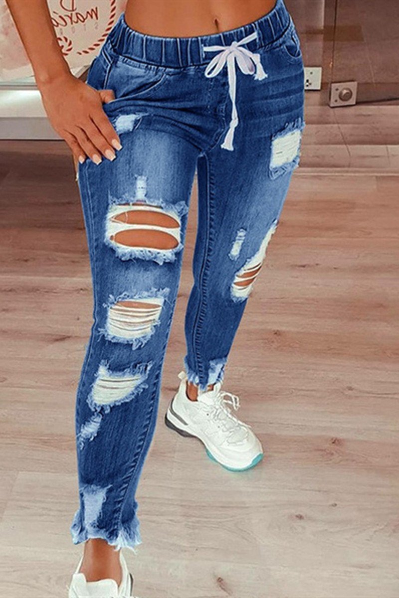 Fashion Casual Solid Ripped Mid Waist Regular Jeans GJ008 Furdela