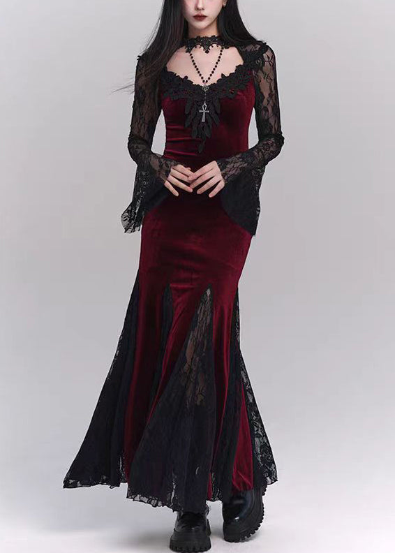 Silk Bohemian Dresses Patchwork Velvet Black Hollow Lace Maxi Out FashionChic
