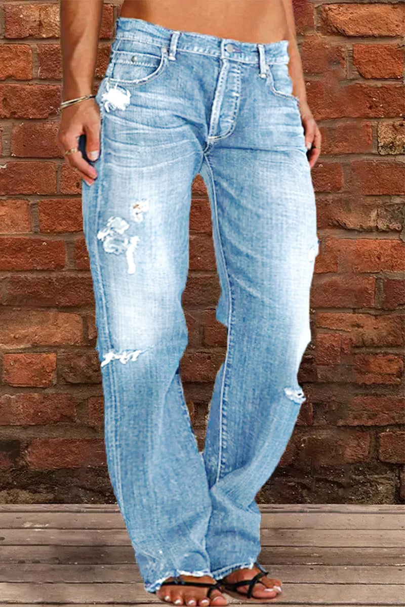 Casual Street Patchwork Ripped Straight Denim Jeans(4 Colors) Furdela