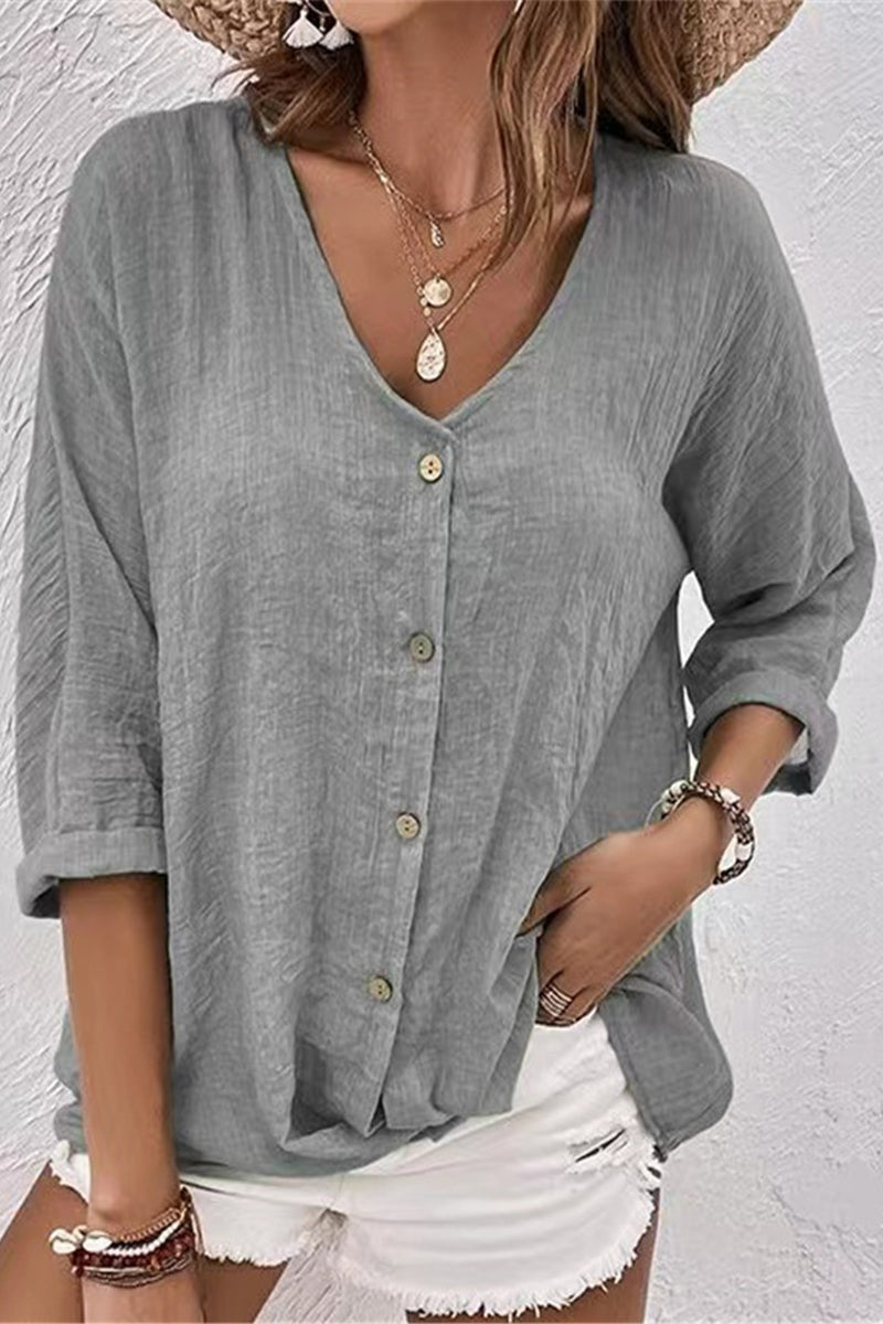 Simplicity Solid Buttons V Neck Tops GJ0010 Furdela