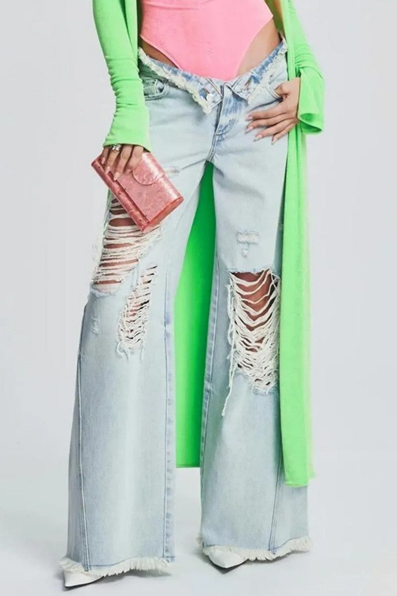Casual Solid Ripped Patchwork Mid Waist Regular Denim Jeans (Subject To The Actual Object) Furdela