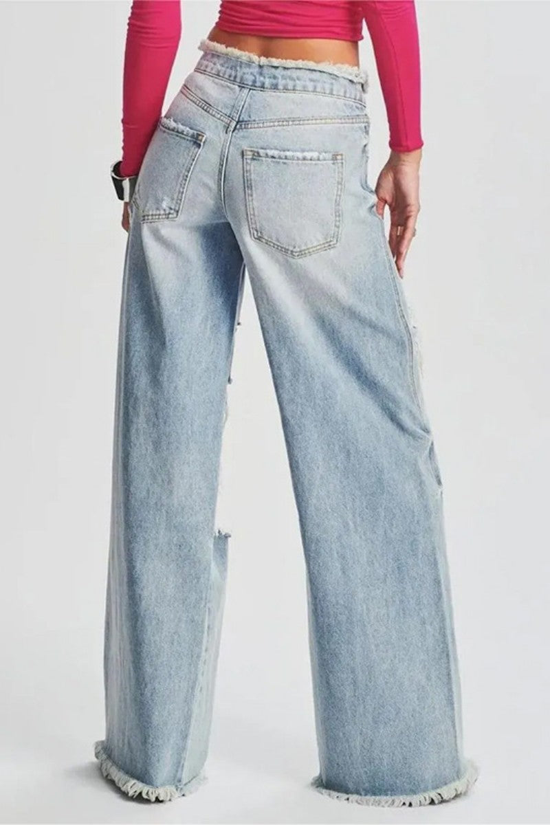 Casual Solid Ripped Patchwork Mid Waist Regular Denim Jeans (Subject To The Actual Object) Furdela