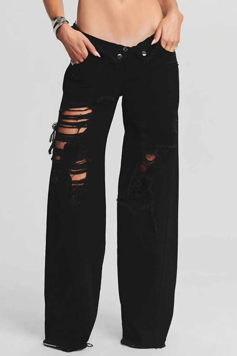 Casual Solid Ripped Patchwork Mid Waist Regular Denim Jeans (Subject To The Actual Object) Furdela
