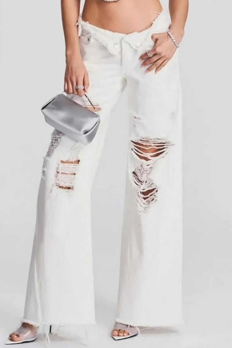 Casual Solid Ripped Patchwork Mid Waist Regular Denim Jeans (Subject To The Actual Object) Furdela