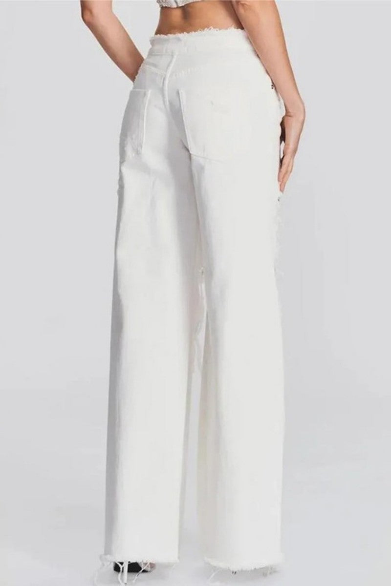 Casual Solid Ripped Patchwork Mid Waist Regular Denim Jeans (Subject To The Actual Object) Furdela