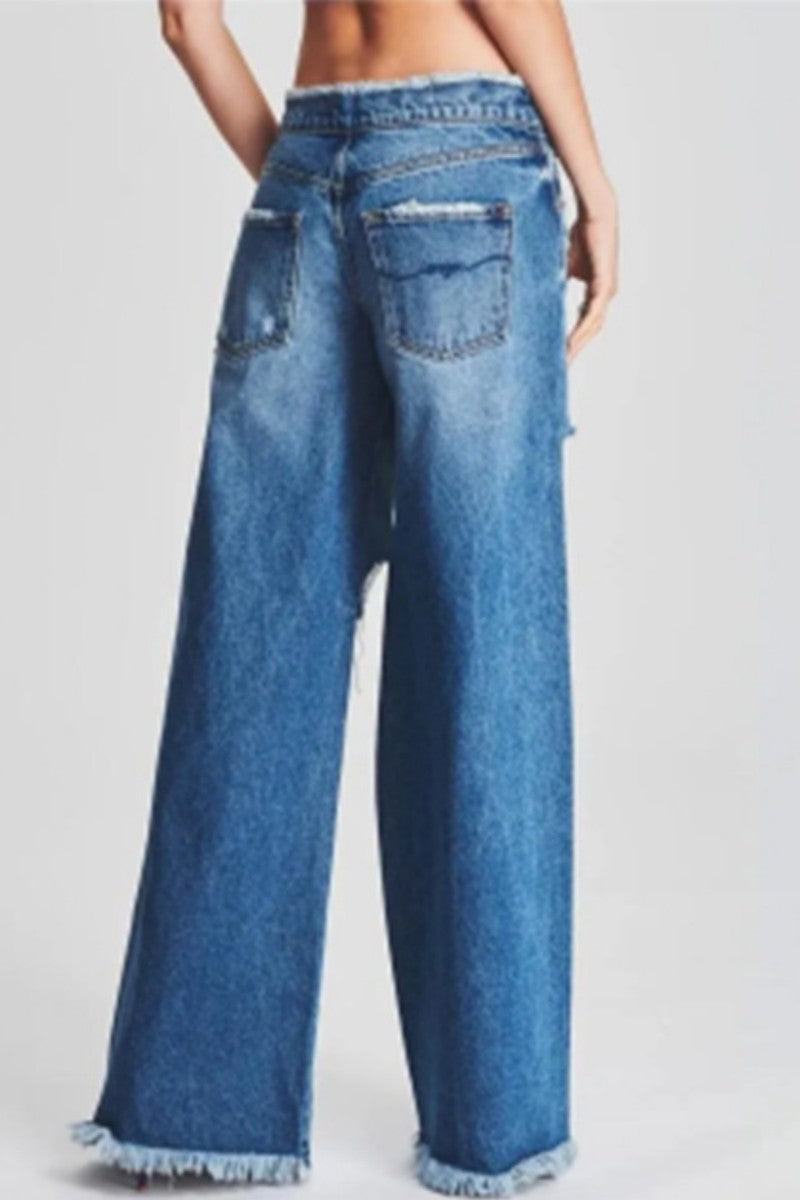 Casual Solid Ripped Patchwork Mid Waist Regular Denim Jeans (Subject To The Actual Object) Furdela