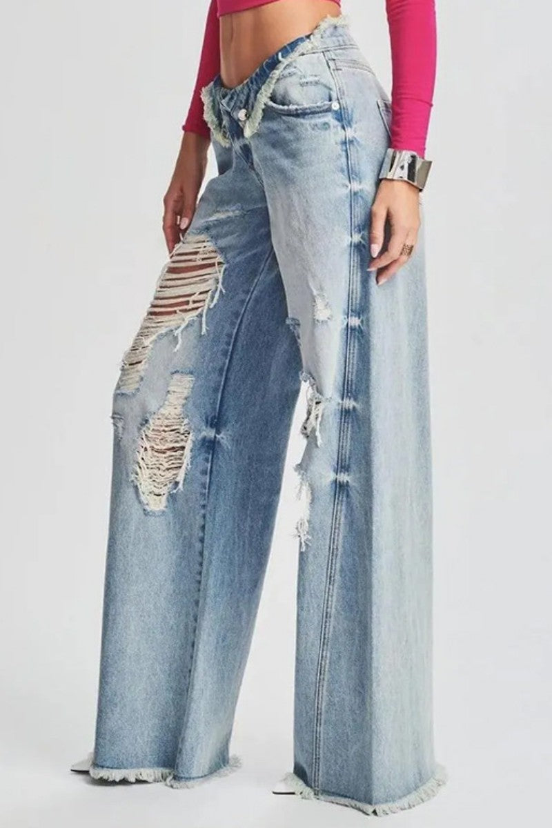 Casual Solid Ripped Patchwork Mid Waist Regular Denim Jeans (Subject To The Actual Object) Furdela