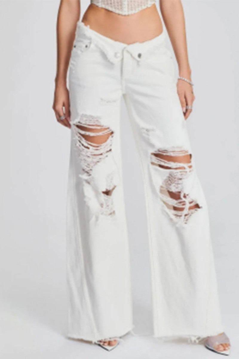 Casual Solid Ripped Patchwork Mid Waist Regular Denim Jeans (Subject To The Actual Object) Furdela