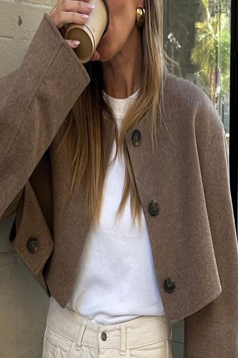 Casual British Style Solid Buttons O Neck Outerwear YE9849