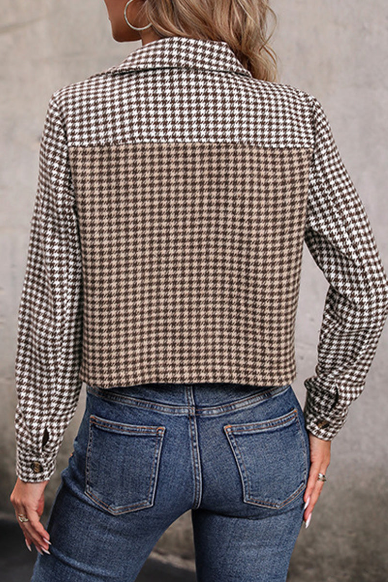 British Style College Plaid Pocket Turndown Collar Outerwear YE9851