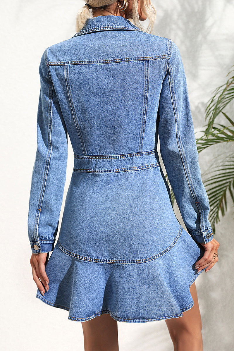 Elegant Solid Patchwork Turndown Collar Long Sleeve Denim Dresses Furdela
