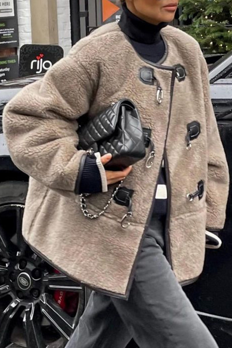 British Style Elegant Solid Buttons U Neck Outerwear YE9867