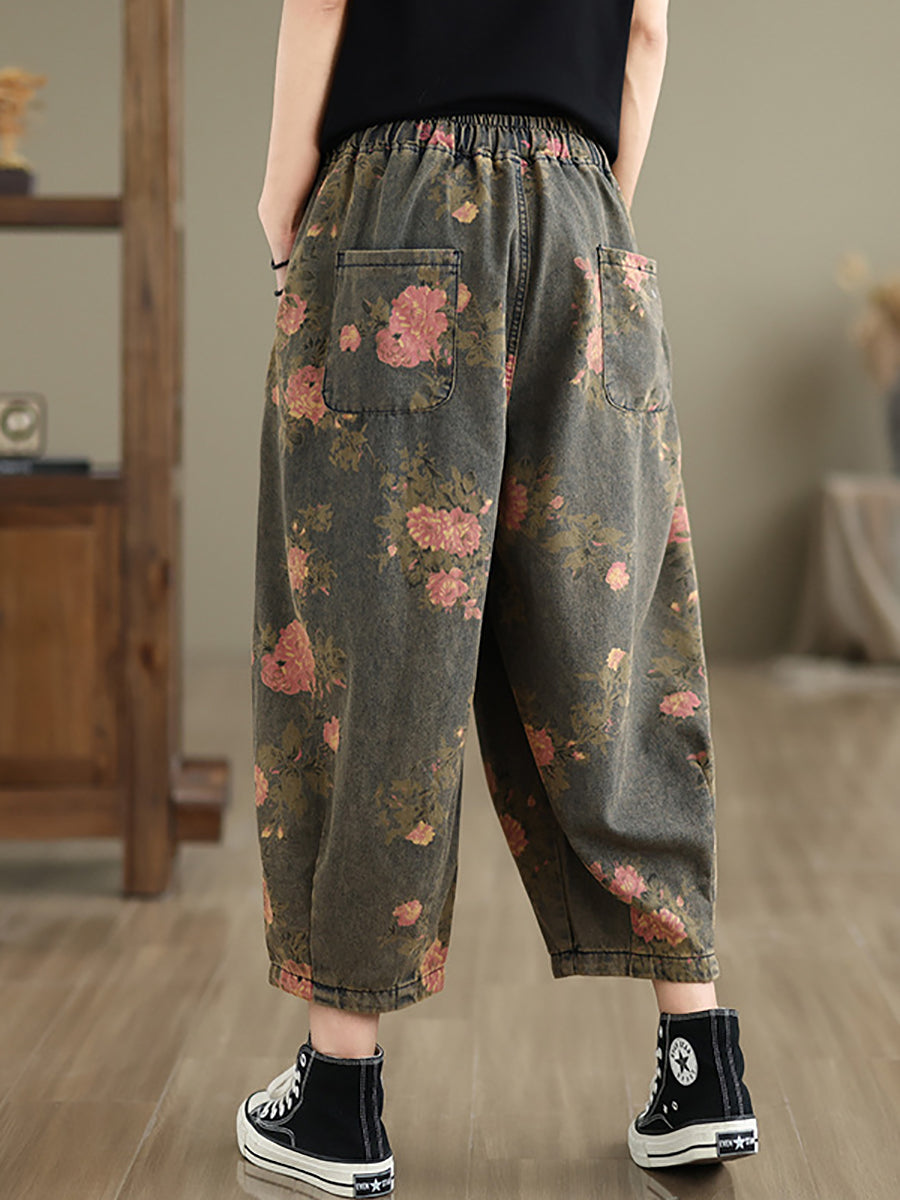 Women Summer Retro Flower Denim Loose Pants II1003 BUYKUD