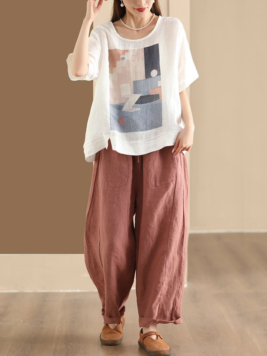 Women Casual Summer Print O-Neck Linen Shirt WE1028 Ada Fashion