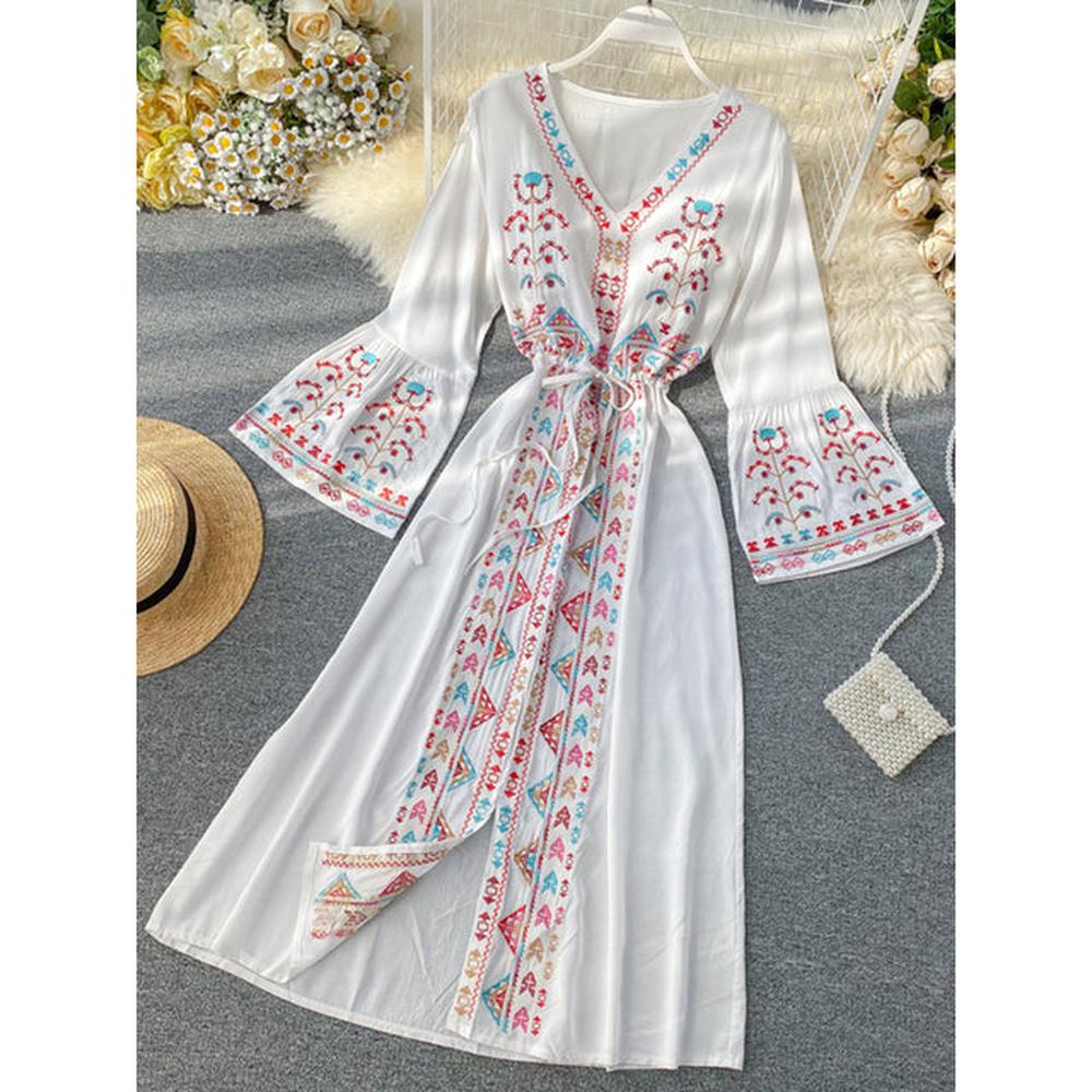 Ethnic Yellow V-Neck Embroidery Drawstring Waist Trumpet Sleeve Dress AR1008 shopify
