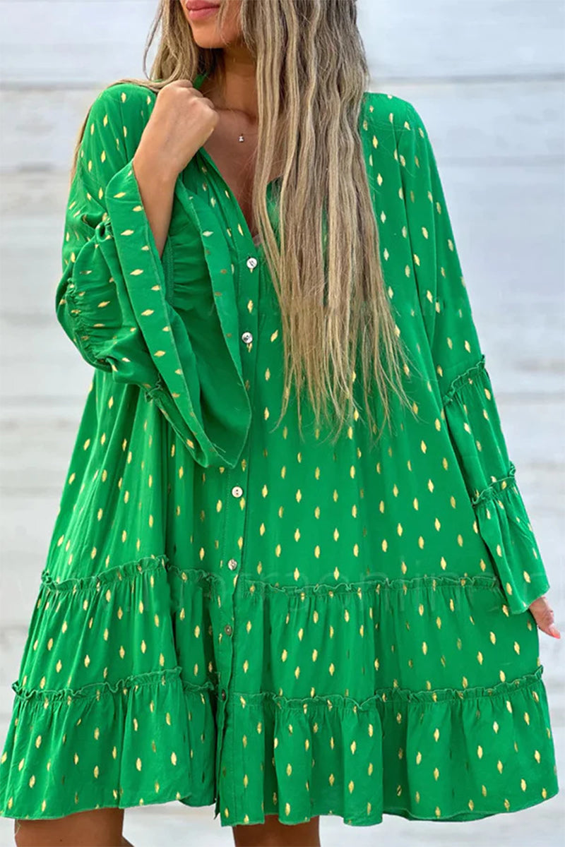 Sweet Cute Bronzing Flounce O Neck Printed Dress Dresses GJ006 Furdela