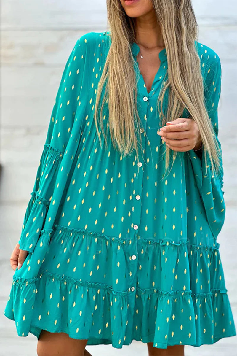 Sweet Cute Bronzing Flounce O Neck Printed Dress Dresses GJ006 Furdela