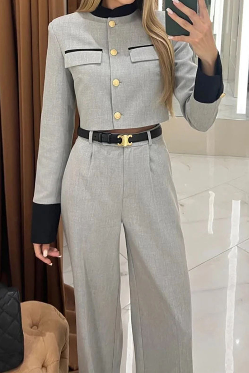 British Style Elegant Solid Pocket Buttons Without Belt O Neck Long Sleeve Two Pieces(No Belt)YE8526