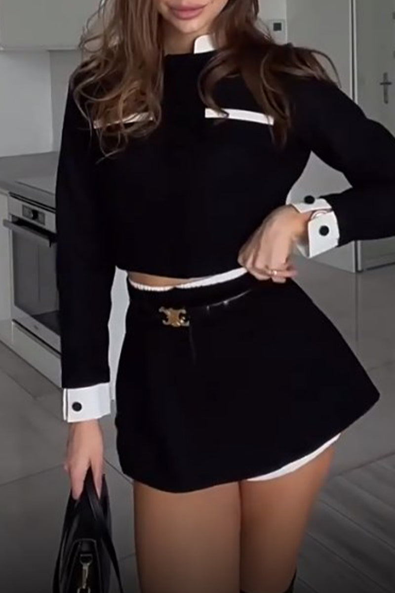 Celebrities Solid Pocket Contrast Mandarin Collar Long Sleeve Two Pieces RE5215 Furdela