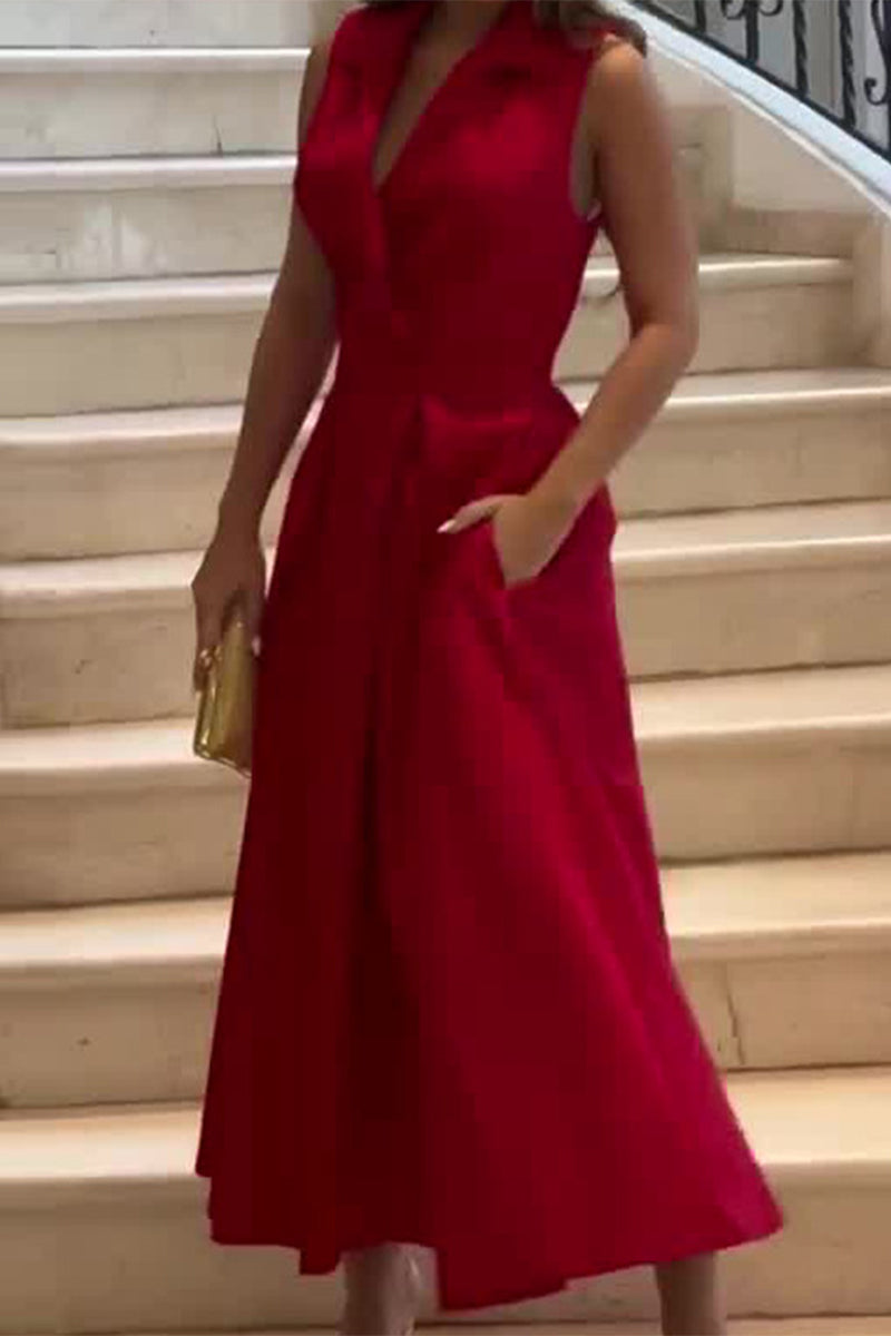Elegant Solid Pocket Fold Turndown Collar Shirt Dress Dresses Furdela
